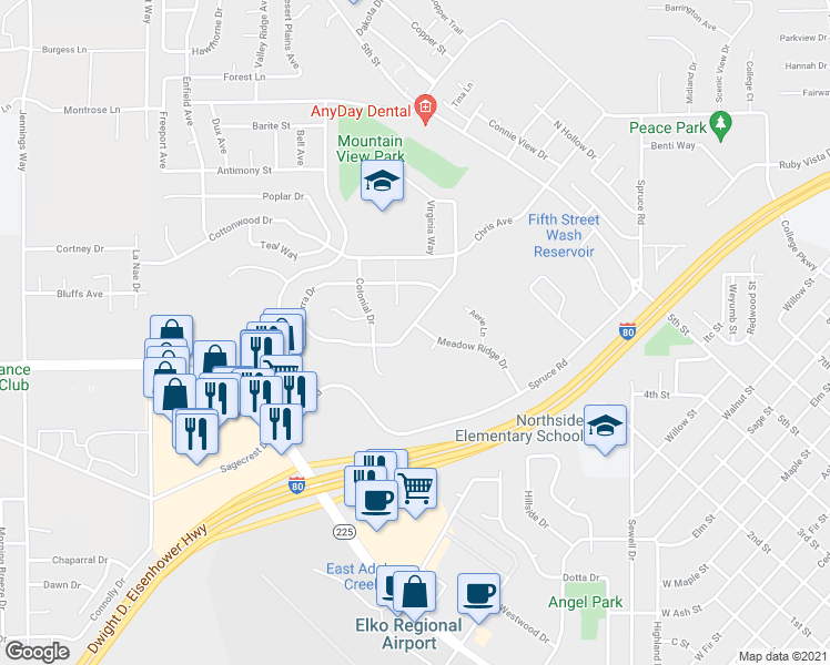 map of restaurants, bars, coffee shops, grocery stores, and more near 2130 Sierra Drive in Elko