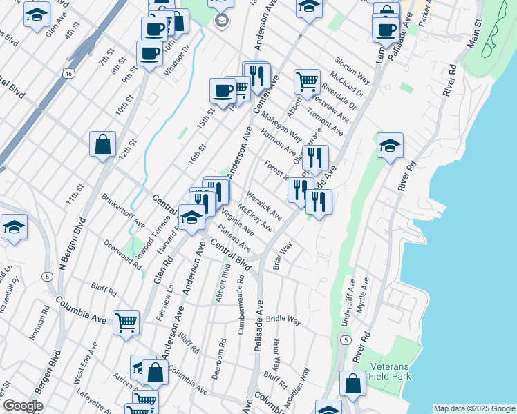 map of restaurants, bars, coffee shops, grocery stores, and more near 244 Warwick Avenue in Fort Lee