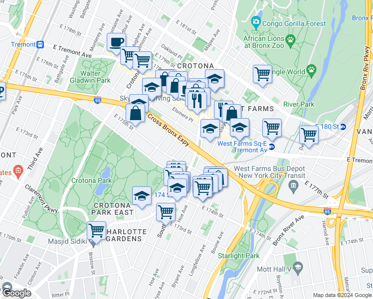 map of restaurants, bars, coffee shops, grocery stores, and more near 1835 Trafalgar Place in Bronx