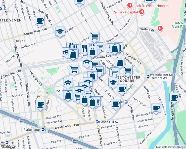 map of restaurants, bars, coffee shops, grocery stores, and more near 1737 Zerega Avenue in The Bronx