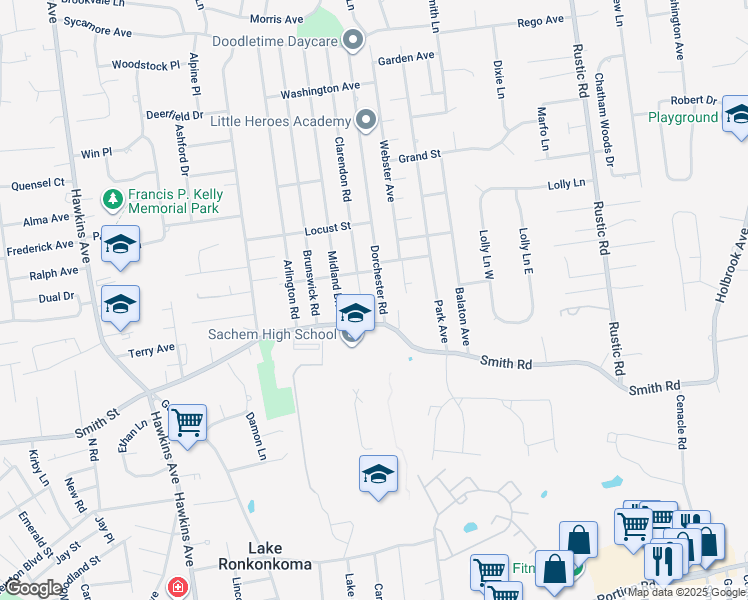 map of restaurants, bars, coffee shops, grocery stores, and more near 11 Clarendon Road in Lake Ronkonkoma