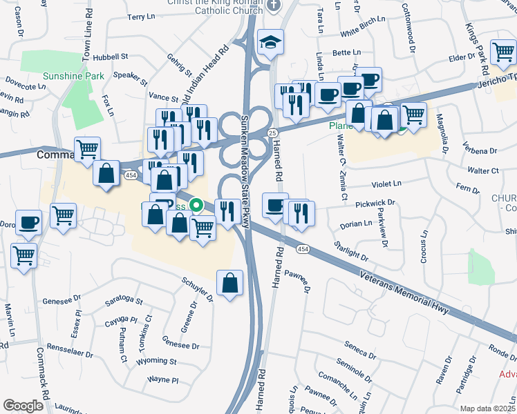 map of restaurants, bars, coffee shops, grocery stores, and more near 58 Harned Road in Commack