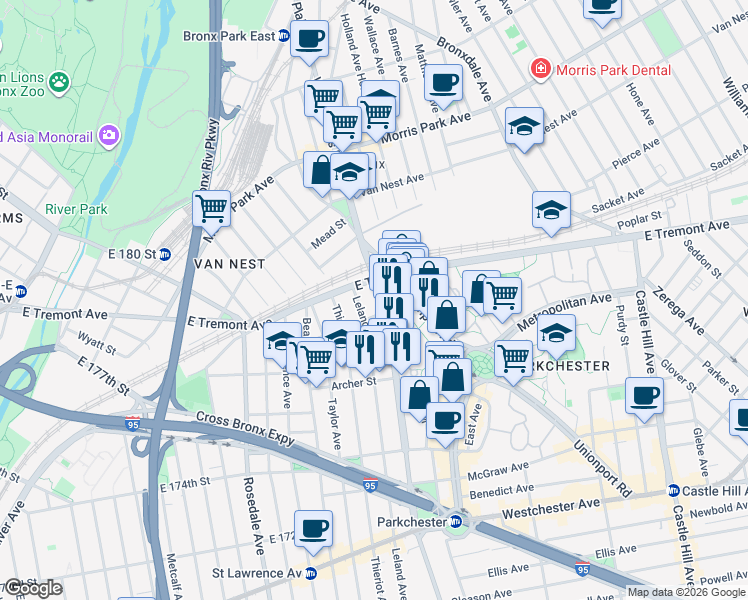 map of restaurants, bars, coffee shops, grocery stores, and more near 1572 White Plains Road in The Bronx