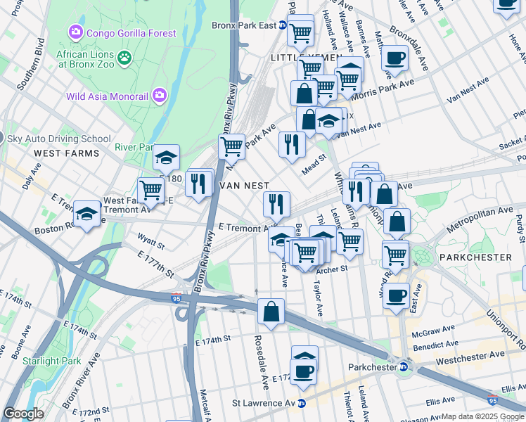 map of restaurants, bars, coffee shops, grocery stores, and more near 1608 Van Buren Street in Bronx