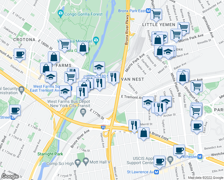 map of restaurants, bars, coffee shops, grocery stores, and more near 445 Morris Park Avenue in The Bronx