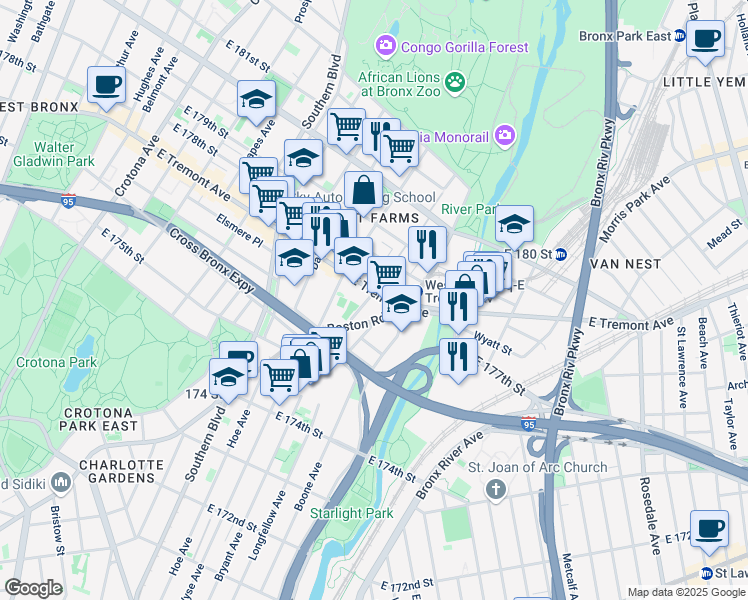map of restaurants, bars, coffee shops, grocery stores, and more near in The Bronx