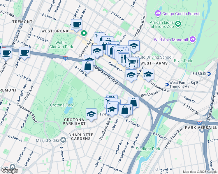 map of restaurants, bars, coffee shops, grocery stores, and more near in The Bronx