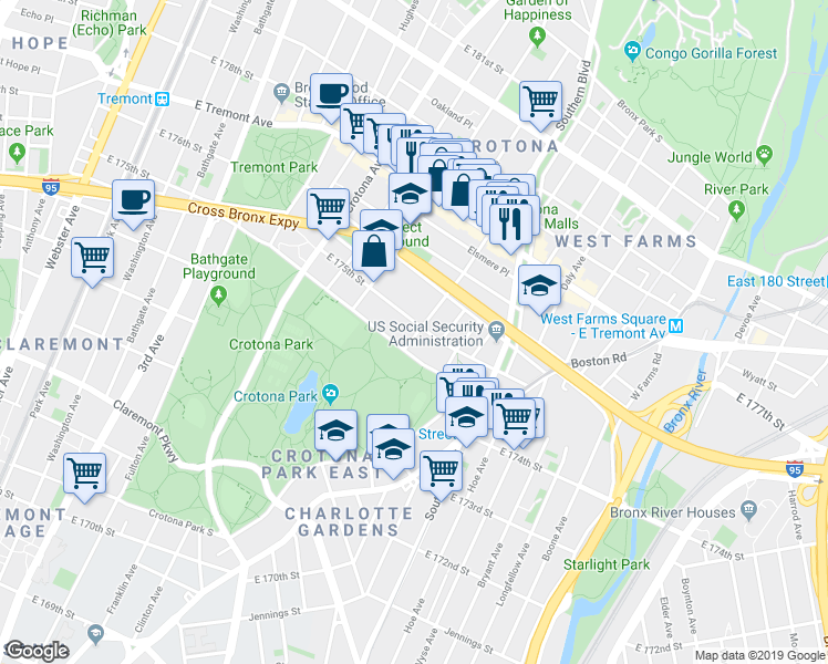 map of restaurants, bars, coffee shops, grocery stores, and more near in The Bronx