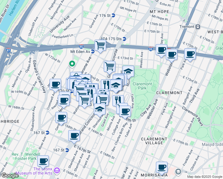 map of restaurants, bars, coffee shops, grocery stores, and more near 1466 Grand Concourse in The Bronx