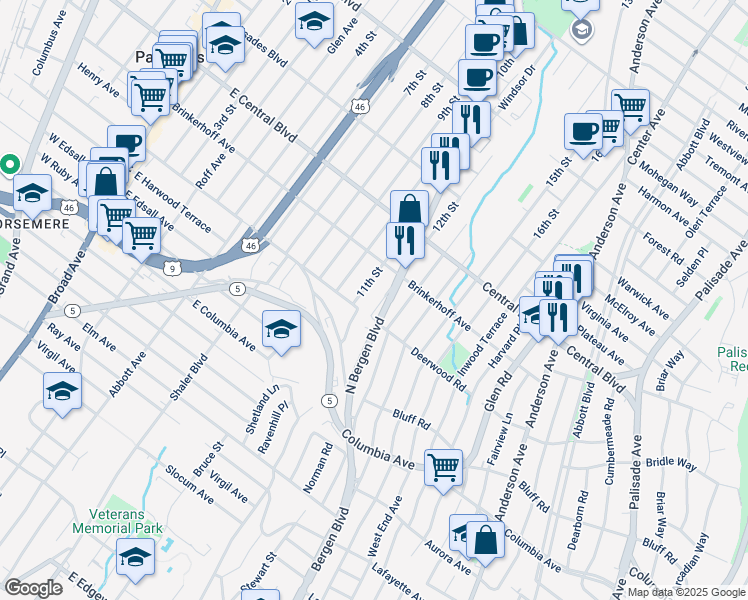 map of restaurants, bars, coffee shops, grocery stores, and more near 221 12th Street in Palisades Park
