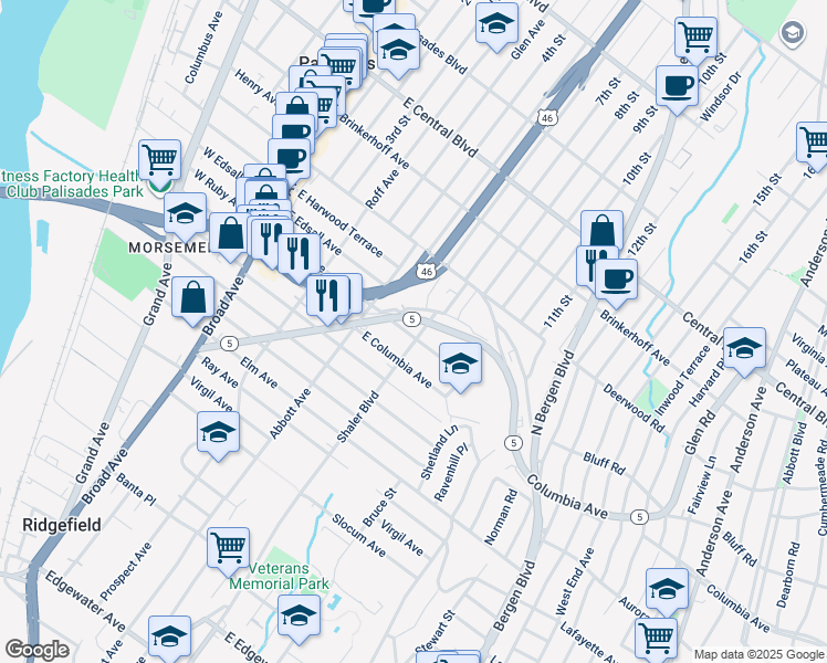 map of restaurants, bars, coffee shops, grocery stores, and more near 49B Delia Boulevard in Palisades Park