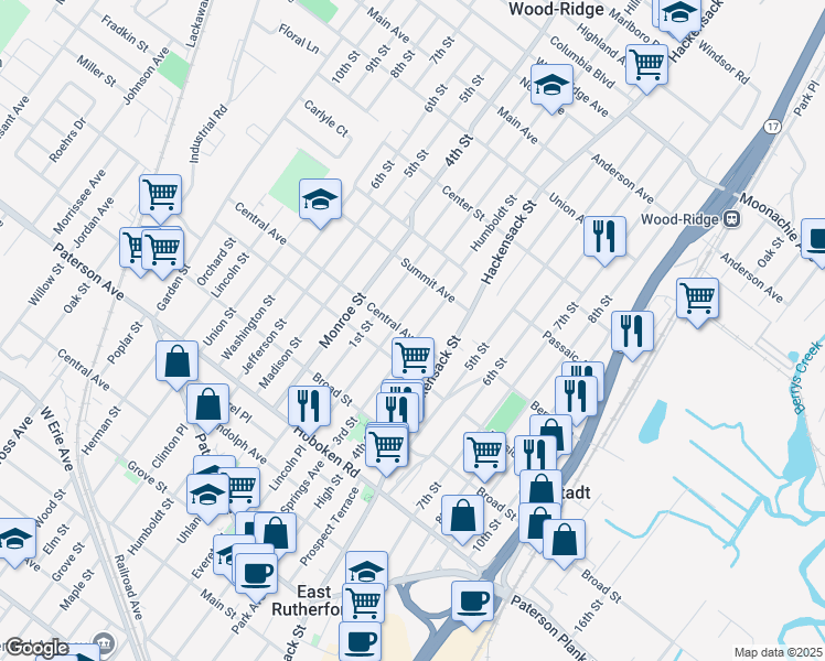 map of restaurants, bars, coffee shops, grocery stores, and more near in Carlstadt