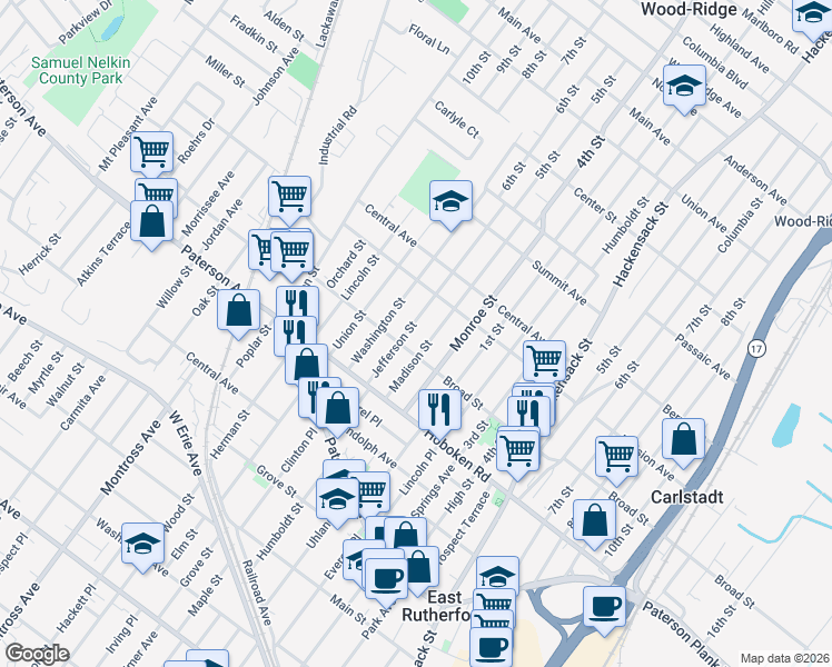 map of restaurants, bars, coffee shops, grocery stores, and more near 422 Madison Street in Carlstadt