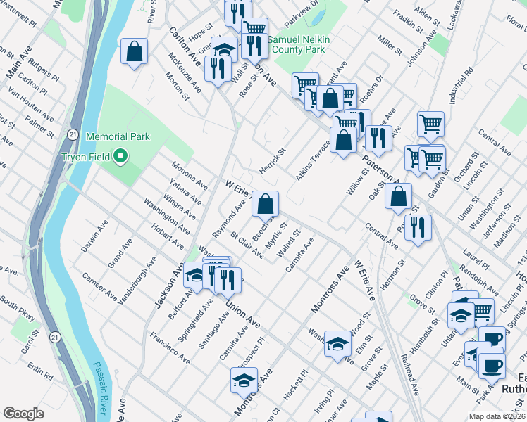 map of restaurants, bars, coffee shops, grocery stores, and more near 14 Hawthorne Street in Rutherford
