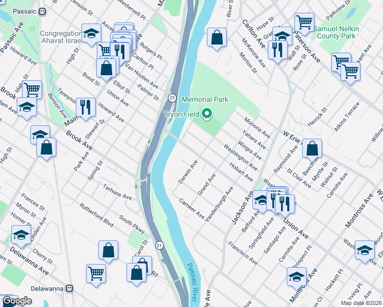 map of restaurants, bars, coffee shops, grocery stores, and more near 511 Union Avenue in Rutherford