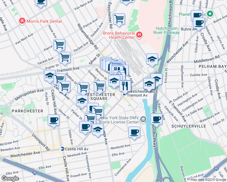 map of restaurants, bars, coffee shops, grocery stores, and more near 2555 Tratman Avenue in Bronx