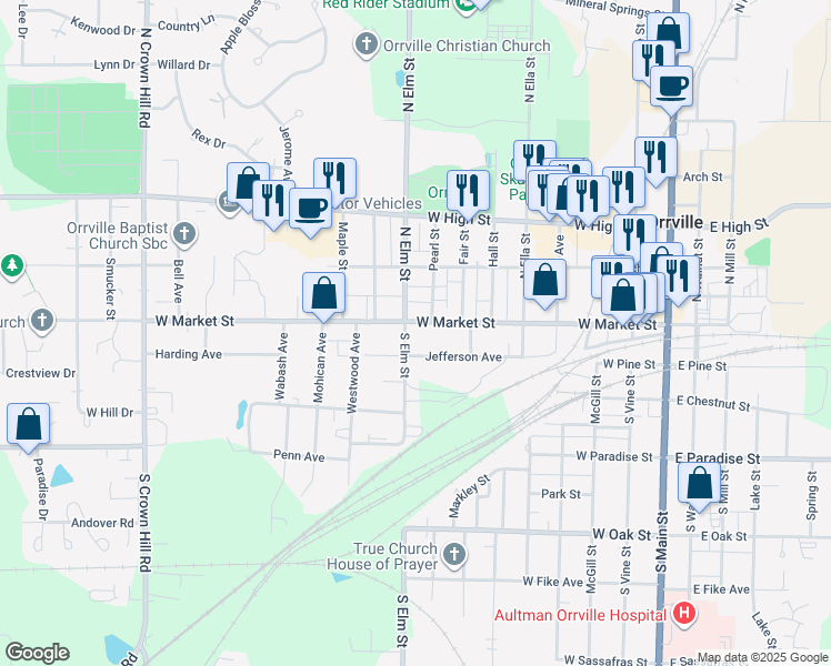 map of restaurants, bars, coffee shops, grocery stores, and more near 814 W Market St in Orrville