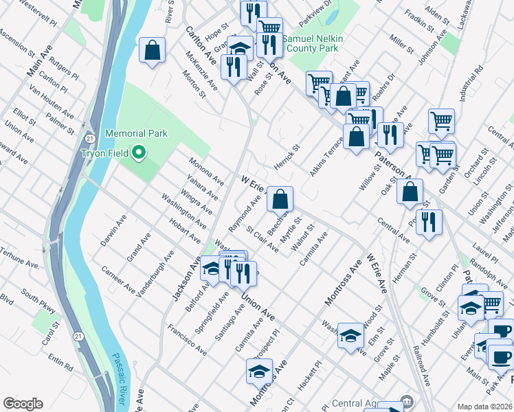 map of restaurants, bars, coffee shops, grocery stores, and more near 14 Hawthorne Street in Rutherford