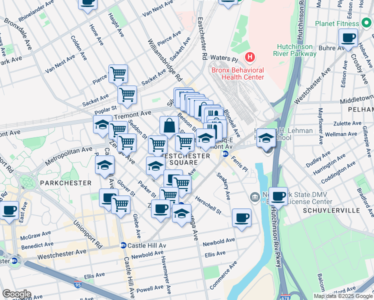 map of restaurants, bars, coffee shops, grocery stores, and more near in The Bronx