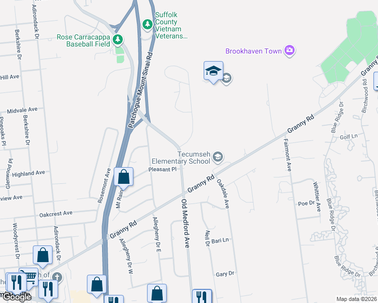 map of restaurants, bars, coffee shops, grocery stores, and more near 297 South Bicycle Path in Farmingville