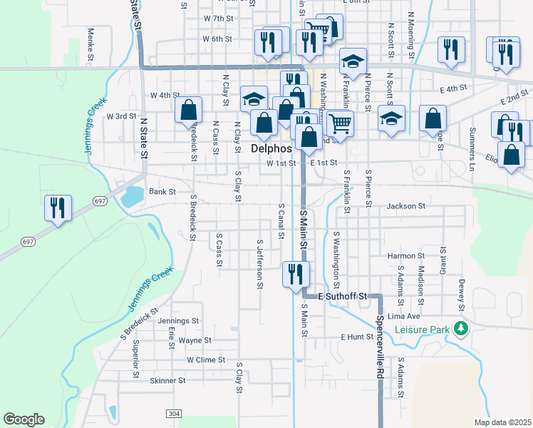 map of restaurants, bars, coffee shops, grocery stores, and more near 312 South Jefferson Street in Delphos