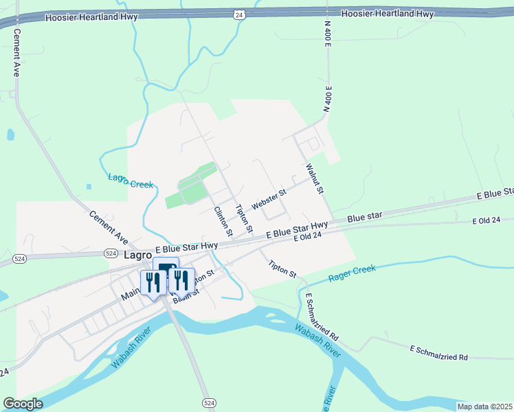 map of restaurants, bars, coffee shops, grocery stores, and more near 312 Webster Street in Lagro