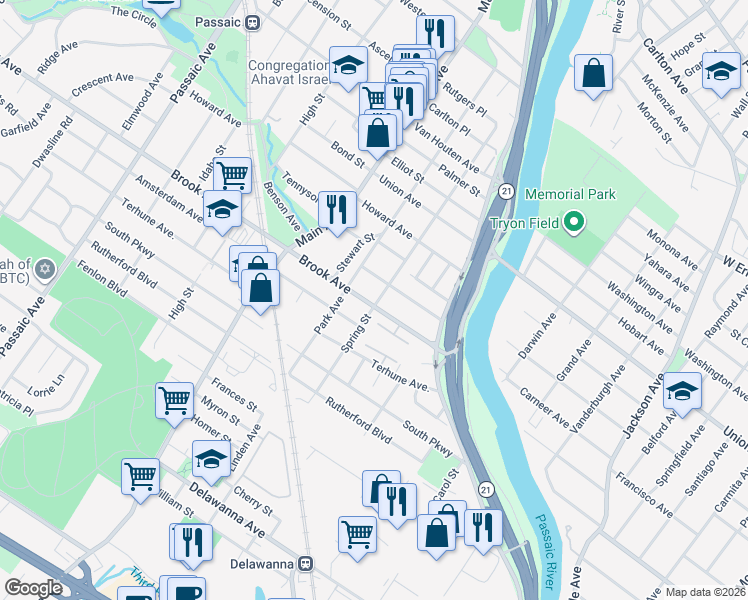 map of restaurants, bars, coffee shops, grocery stores, and more near 88 Brook Avenue in Passaic