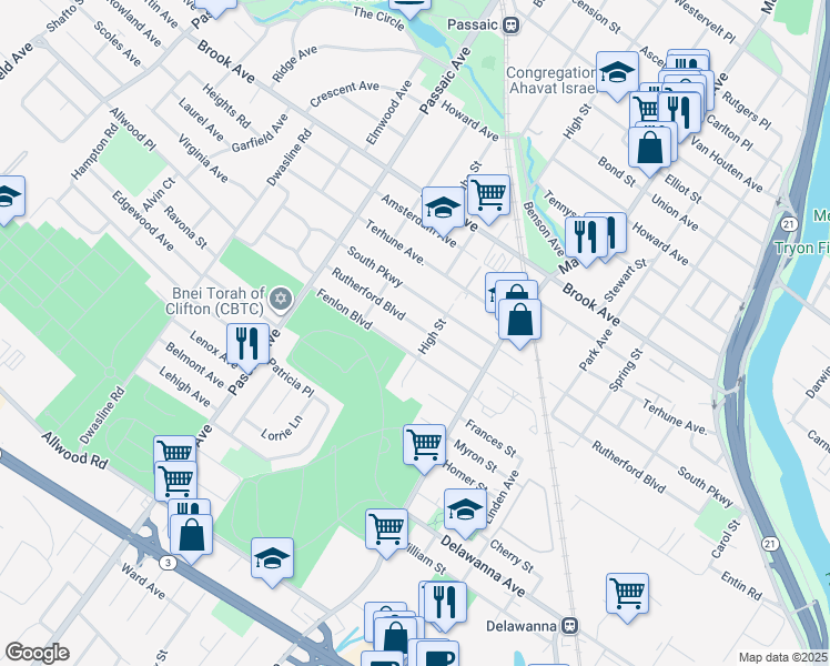 map of restaurants, bars, coffee shops, grocery stores, and more near 363 Rutherford Boulevard in Clifton