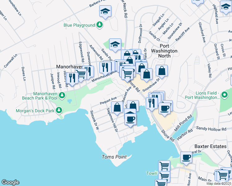 map of restaurants, bars, coffee shops, grocery stores, and more near 69 Sintsink Drive West in Port Washington