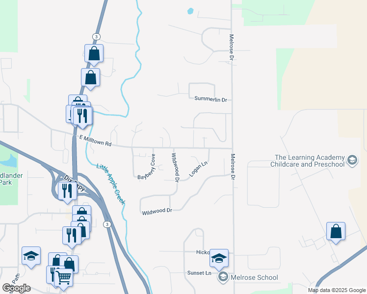 map of restaurants, bars, coffee shops, grocery stores, and more near 1400 East Milltown Road in Wooster