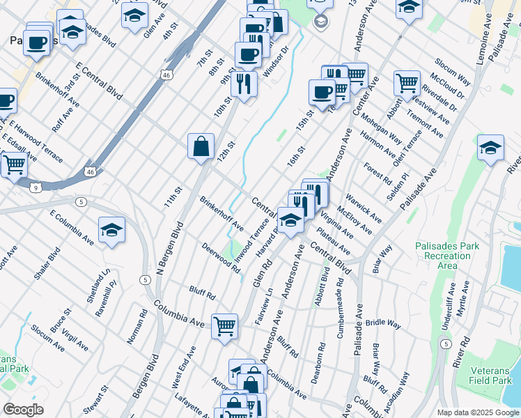 map of restaurants, bars, coffee shops, grocery stores, and more near 456 Central Boulevard in Fort Lee