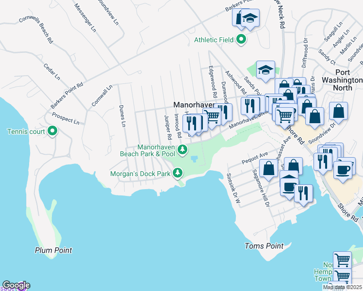 map of restaurants, bars, coffee shops, grocery stores, and more near Manorhaven Blvd & Inwood Rd in Port Washington