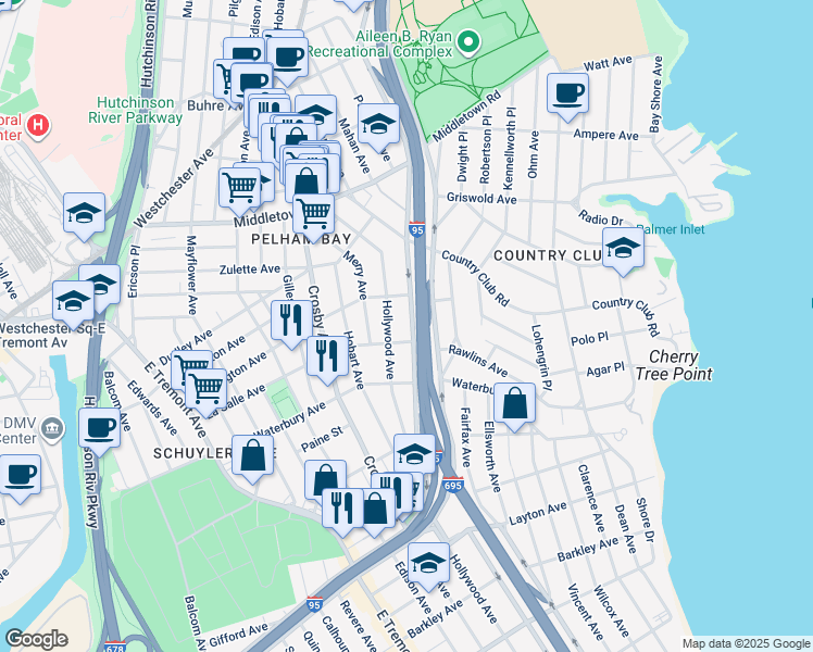 map of restaurants, bars, coffee shops, grocery stores, and more near 3261 Bruckner Boulevard in The Bronx