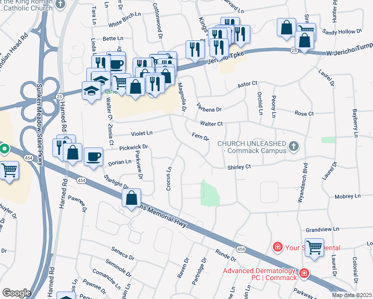 map of restaurants, bars, coffee shops, grocery stores, and more near 18 Shirley Ct in Commack