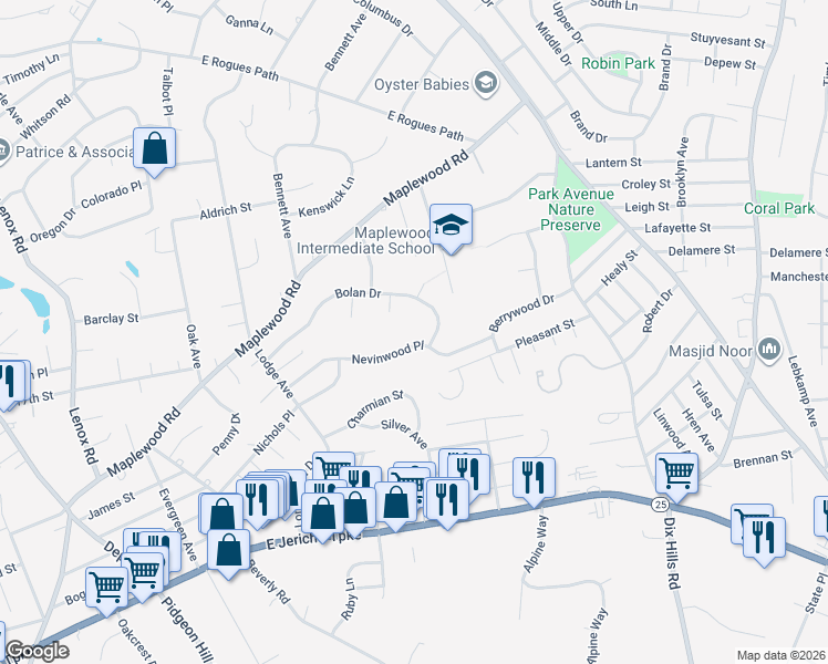 map of restaurants, bars, coffee shops, grocery stores, and more near 16 Nevinwood Place in Huntington Station