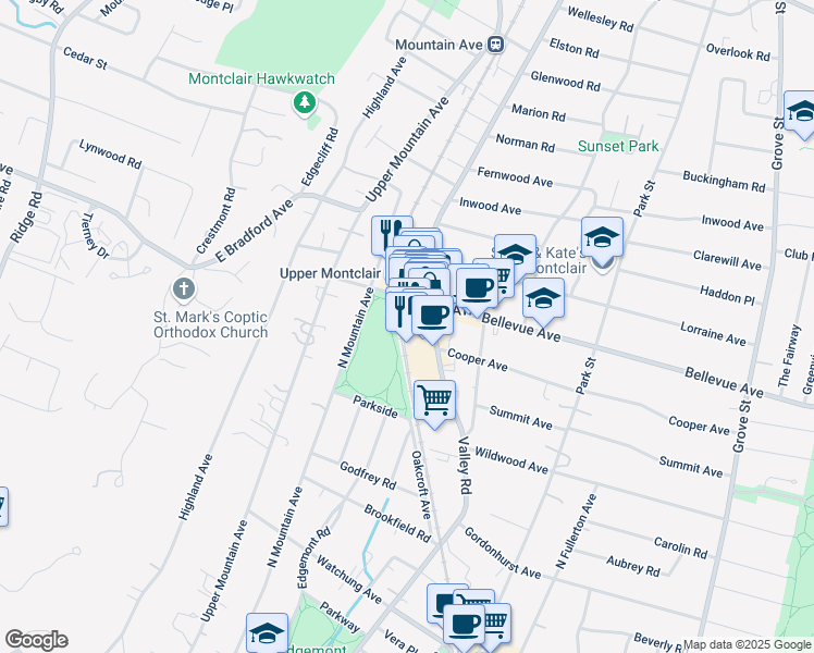map of restaurants, bars, coffee shops, grocery stores, and more near 270 Bellevue Avenue in Montclair