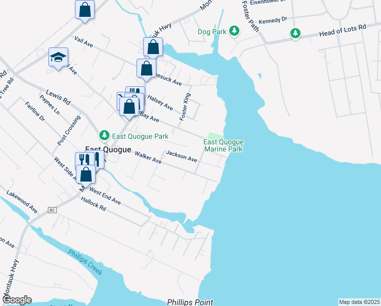 map of restaurants, bars, coffee shops, grocery stores, and more near 19 Jackson Avenue in East Quogue