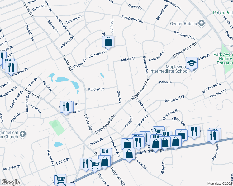 map of restaurants, bars, coffee shops, grocery stores, and more near 23 Oak Avenue in Huntington Station