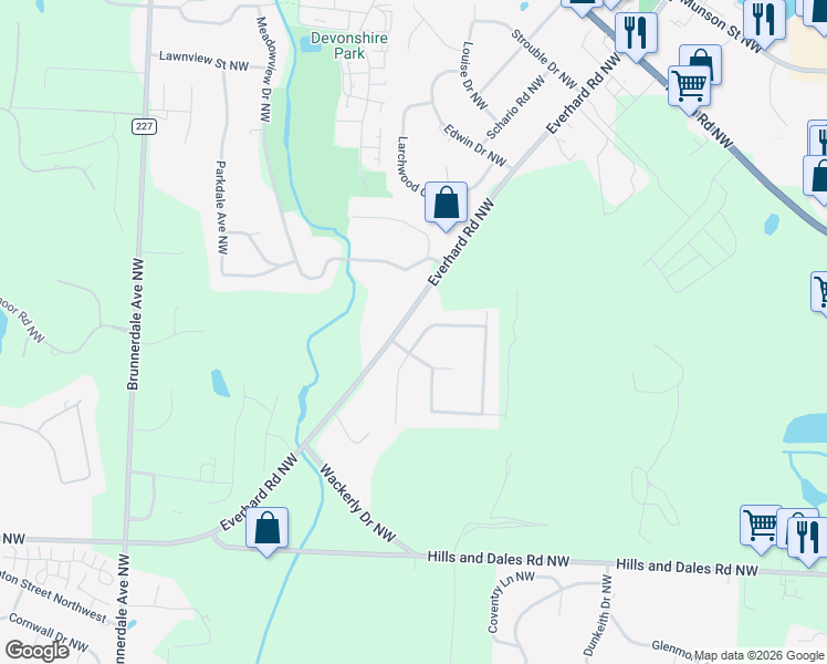 map of restaurants, bars, coffee shops, grocery stores, and more near 4075 Bramshaw Road Northwest in Canton