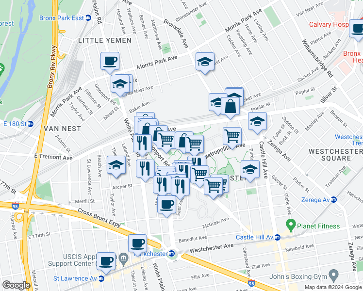 map of restaurants, bars, coffee shops, grocery stores, and more near 1505 Metropolitan Avenue in The Bronx