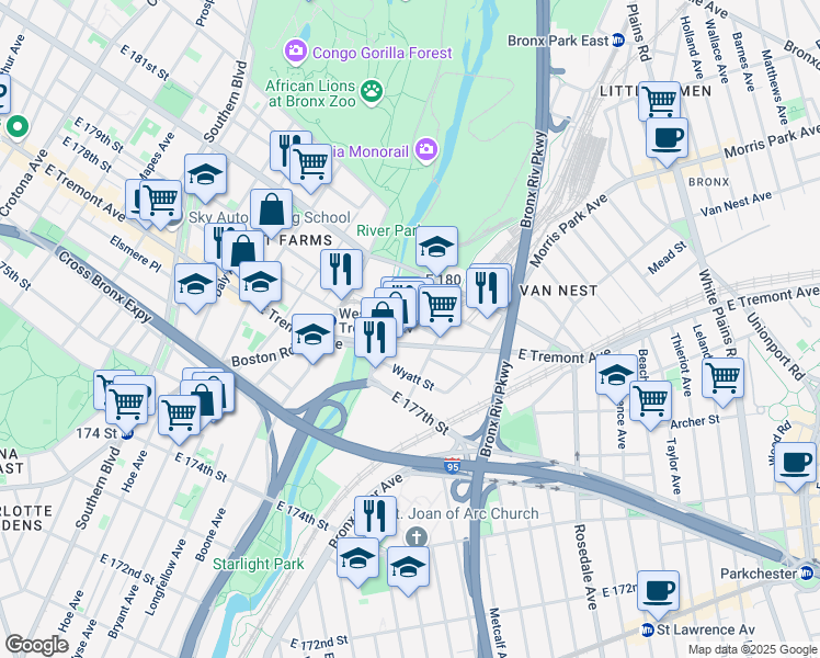map of restaurants, bars, coffee shops, grocery stores, and more near 1110 East 179th Street in Bronx