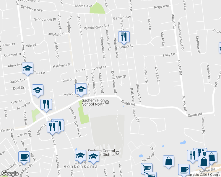 map of restaurants, bars, coffee shops, grocery stores, and more near 11 Clarendon Road in Lake Ronkonkoma