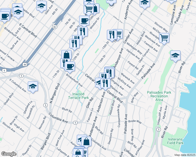 map of restaurants, bars, coffee shops, grocery stores, and more near 436 Plateau Avenue in Fort Lee