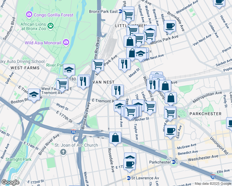map of restaurants, bars, coffee shops, grocery stores, and more near 1608 Van Buren Street in Bronx