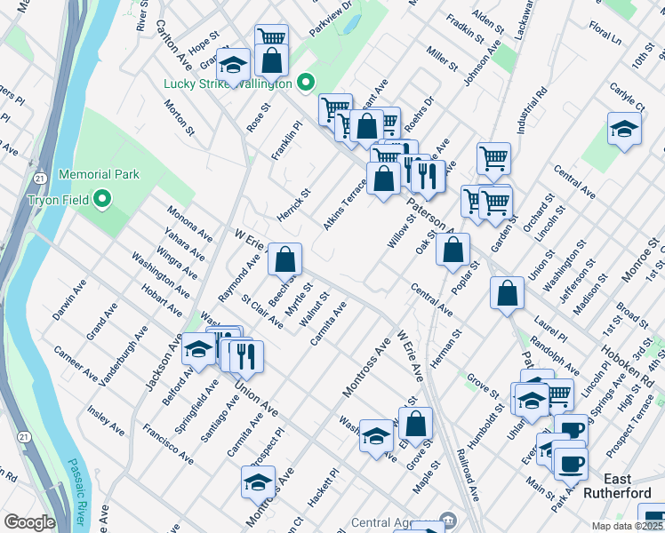 map of restaurants, bars, coffee shops, grocery stores, and more near 135 Atkins Terrace in East Rutherford