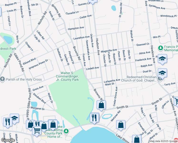 map of restaurants, bars, coffee shops, grocery stores, and more near 14 Seawanhaka Avenue in Nesconset