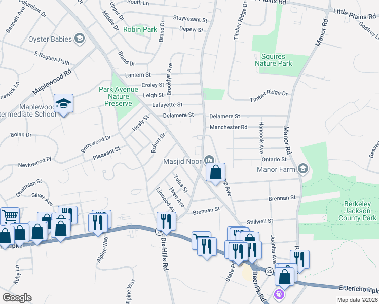 map of restaurants, bars, coffee shops, grocery stores, and more near 1226 Park Avenue in Huntington