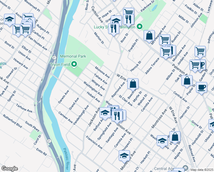 map of restaurants, bars, coffee shops, grocery stores, and more near 40 Jackson Avenue in Rutherford