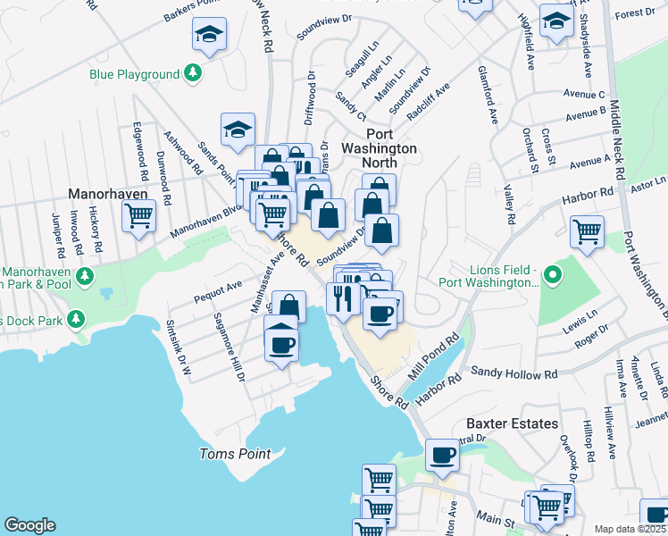 map of restaurants, bars, coffee shops, grocery stores, and more near 5 Channel Drive in Port Washington