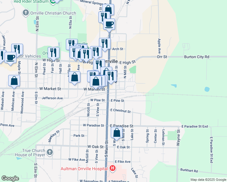 map of restaurants, bars, coffee shops, grocery stores, and more near 136 East Market Street in Orrville
